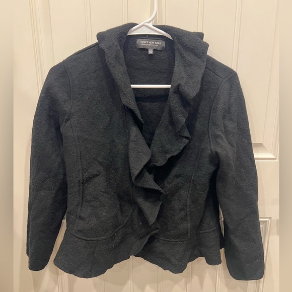 Jones New York PETITE MEDIUM Black Ruffled Collar MERINO WOOL  Blazer - Picture 1 of 9